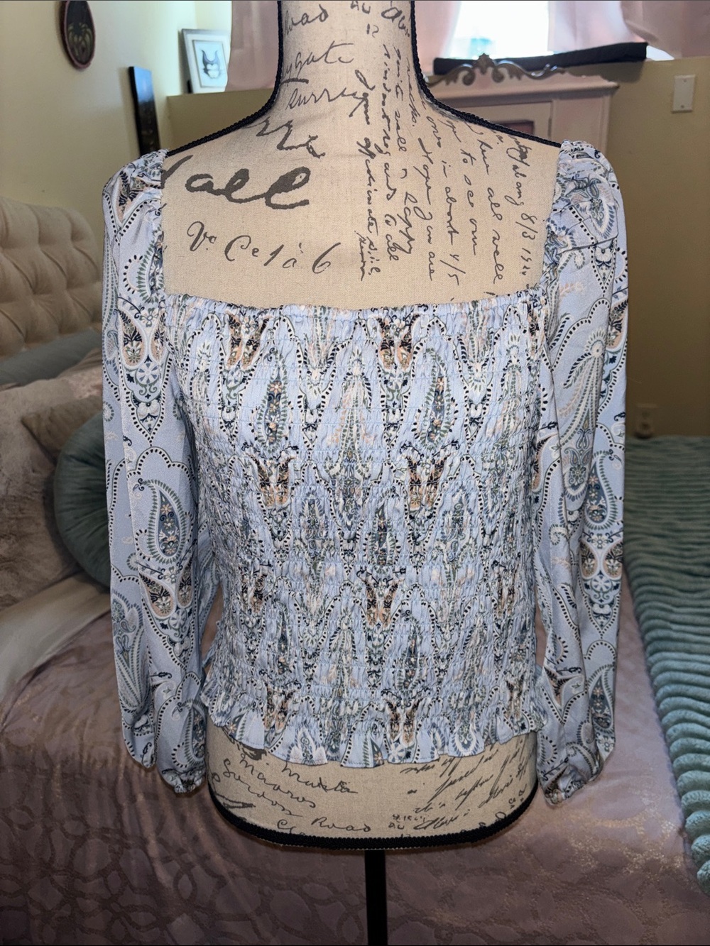 O'Neill Blue and White Paisley Smocked Square-Neck Top L